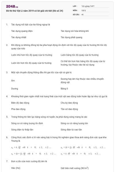 Đề thi thử Vật Lí năm 2019 có lời giải chi tiết (Đề số 24)