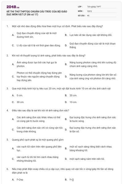 ĐỀ THI THỬ THPTQG CHUẨN CẤU TRÚC CỦA BỘ GIÁO DỤC MÔN VẬT LÝ (Đề số 17)