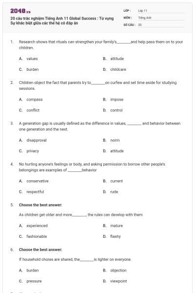 20 câu trắc nghiệm Tiếng Anh 11 Global Success : Từ vựng Sự khác biệt giữa các thế hệ có đáp án