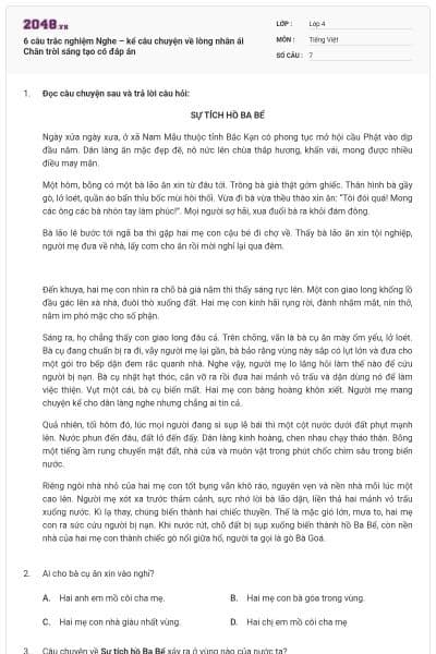 6 câu trắc nghiệm Nghe – kể câu chuyện về lòng nhân ái Chân trời sáng tạo có đáp án