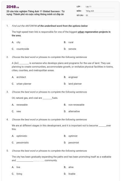20 câu trắc nghiệm Tiếng Anh 11 Global Success : Từ vựng: Thành phố và cuộc sống thông minh có đáp án