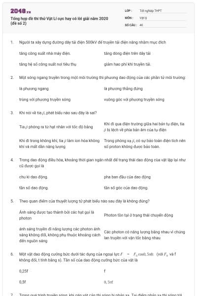 Tổng hợp đề thi thử Vật Lí cực hay có lời giải năm 2020 (đề số 2)