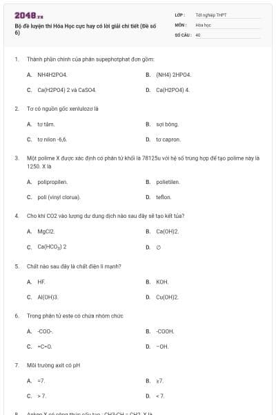 Bộ đề luyện thi Hóa Học cực hay có lời giải chi tiết (Đề số 6)