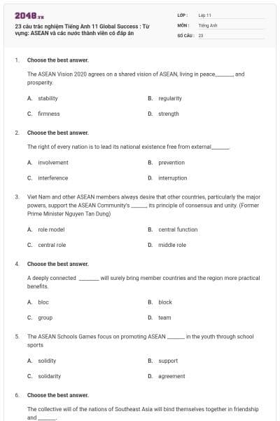 23 câu trắc nghiệm Tiếng Anh 11 Global Success : Từ vựng: ASEAN và các nước thành viên có đáp án