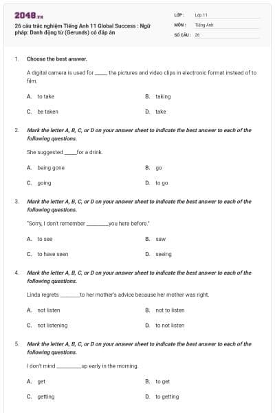 26 câu trắc nghiệm Tiếng Anh 11 Global Success : Ngữ pháp: Danh động từ (Gerunds) có đáp án