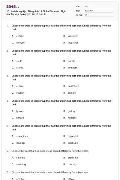 15 câu trắc nghiệm Tiếng Anh 11 Global Success : Ngữ âm: Sự lược bỏ nguyên âm có đáp án