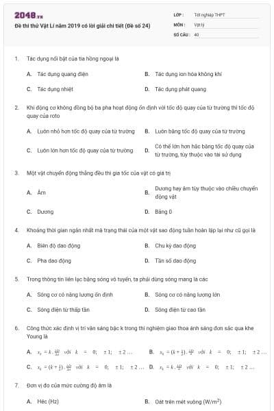 Đề thi thử Vật Lí năm 2019 có lời giải chi tiết (Đề số 24)