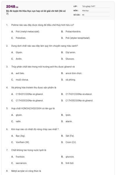 Bộ đề luyện thi Hóa Học cực hay có lời giải chi tiết (Đề số 7)