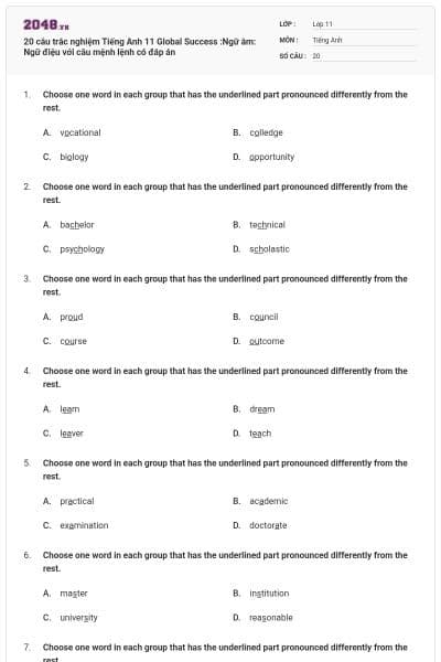 20 câu trắc nghiệm Tiếng Anh 11 Global Success :Ngữ âm: Ngữ điệu với câu mệnh lệnh có đáp án