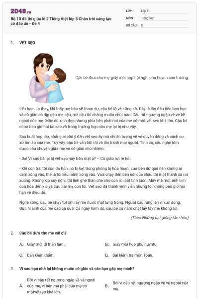 Bộ 10 đề thi giữa kì 2 Tiếng Việt lớp 5 Chân trời sáng tạo có đáp án - Đề 4