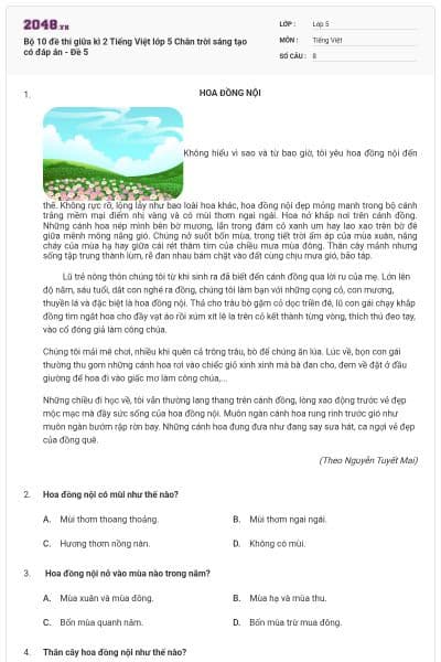 Bộ 10 đề thi giữa kì 2 Tiếng Việt lớp 5 Chân trời sáng tạo có đáp án - Đề 5