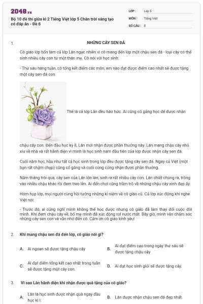 Bộ 10 đề thi giữa kì 2 Tiếng Việt lớp 5 Chân trời sáng tạo có đáp án - Đề 6