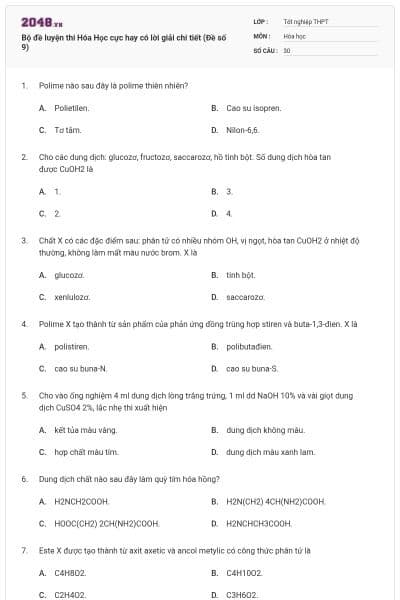 Bộ đề luyện thi Hóa Học cực hay có lời giải chi tiết (Đề số 9)
