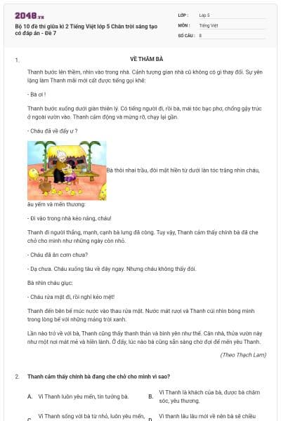 Bộ 10 đề thi giữa kì 2 Tiếng Việt lớp 5 Chân trời sáng tạo có đáp án - Đề 7