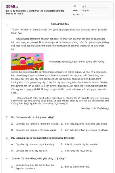 Bộ 10 đề thi giữa kì 2 Tiếng Việt lớp 5 Chân trời sáng tạo có đáp án - Đề 8