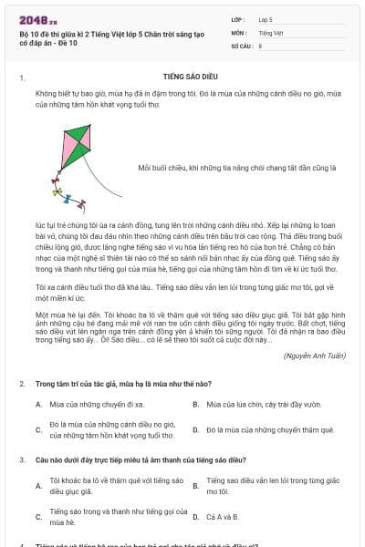Bộ 10 đề thi giữa kì 2 Tiếng Việt lớp 5 Chân trời sáng tạo có đáp án - Đề 10