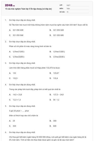 15 câu trắc nghệm Toán lớp 5 Ôn tập chung (có đáp án)