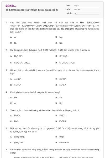 Bộ 3 đề thi giữa kì 2 Hóa 12 Cánh diều có đáp án (Đề 2)