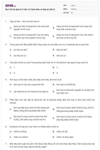 Bộ 3 đề thi giữa kì 2 Hóa 12 Cánh diều có đáp án (Đề 3)