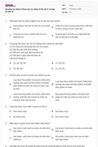 Đề kiểm tra định kì Khoa học tự nhiên 8 Chủ đề 6 có đáp án (Đề 3)