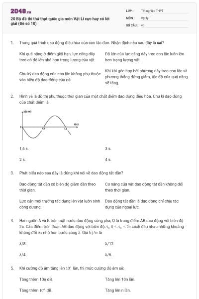20 Bộ đề thi thử thpt quốc gia môn Vật Lí cực hay có lời giải (Đề số 10)
