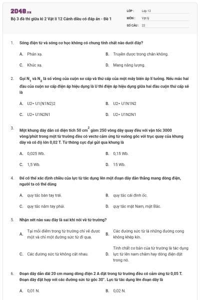 Bộ 3 đề thi giữa kì 2 Vật lí 12 Cánh diều có đáp án - Đề 1