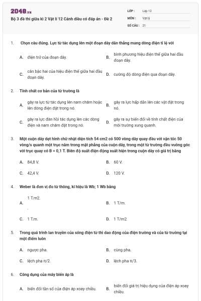 Bộ 3 đề thi giữa kì 2 Vật lí 12 Cánh diều có đáp án - Đề 2