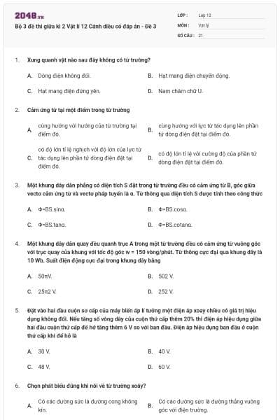 Bộ 3 đề thi giữa kì 2 Vật lí 12 Cánh diều có đáp án - Đề 3