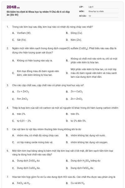 Đề kiểm tra định kì Khoa học tự nhiên 9 Chủ đề 6 có đáp án (Đề 44)