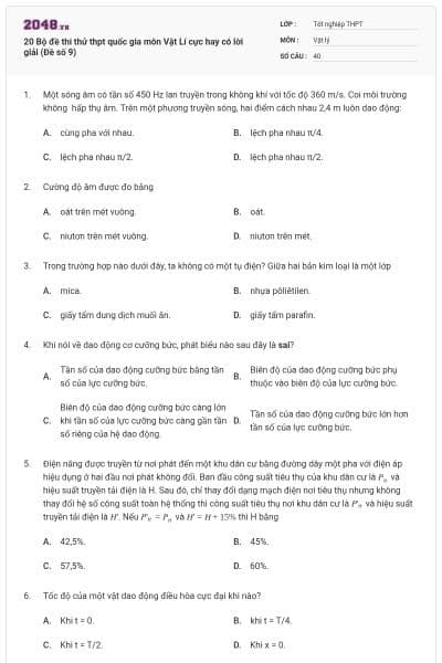 20 Bộ đề thi thử thpt quốc gia môn Vật Lí cực hay có lời giải (Đề số 9)