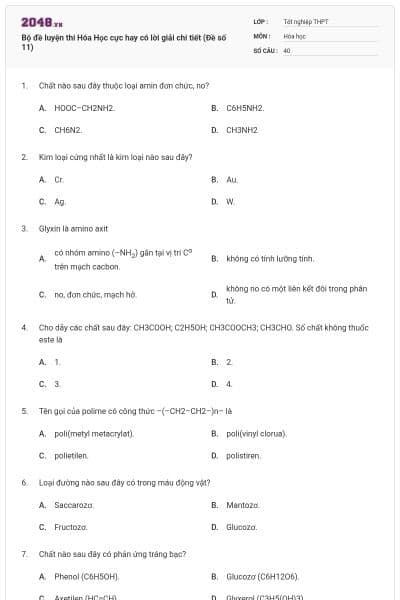 Bộ đề luyện thi Hóa Học cực hay có lời giải chi tiết (Đề số 11)