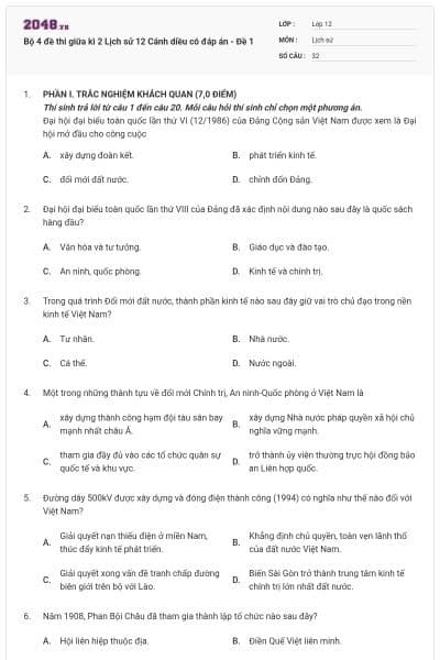 Bộ 4 đề thi giữa kì 2 Lịch sử 12 Cánh diều có đáp án - Đề 1