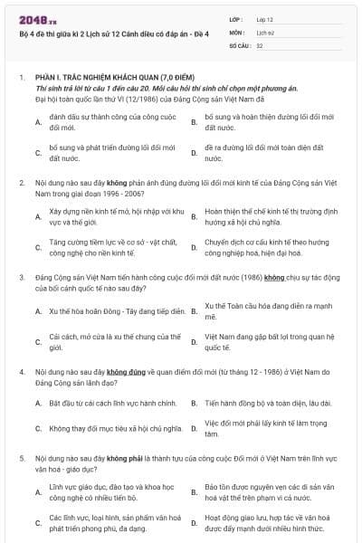 Bộ 4 đề thi giữa kì 2 Lịch sử 12 Cánh diều có đáp án - Đề 4