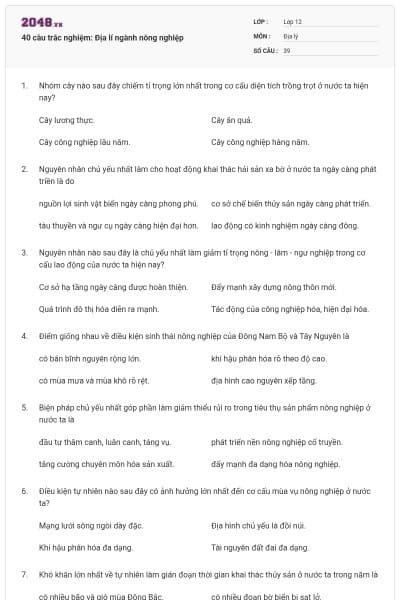 40 câu trắc nghiệm: Địa lí ngành nông nghiệp