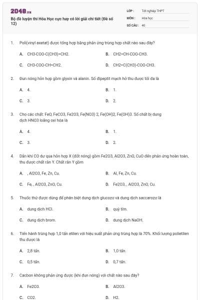 Bộ đề luyện thi Hóa Học cực hay có lời giải chi tiết (Đề số 12)
