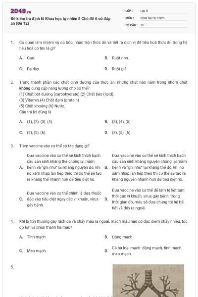Đề kiểm tra định kì Khoa học tự nhiên 8 Chủ đề 6 có đáp án (Đề 12)