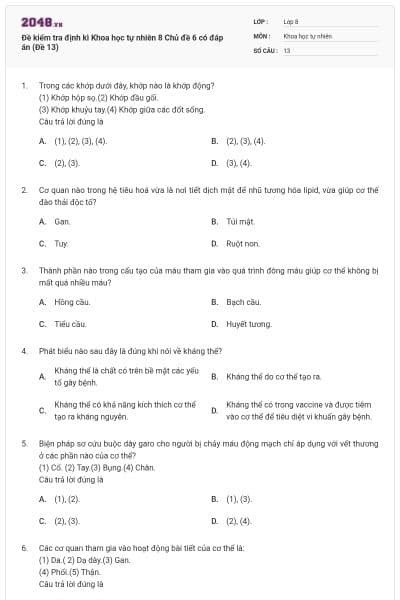 Đề kiểm tra định kì Khoa học tự nhiên 8 Chủ đề 6 có đáp án (Đề 13)