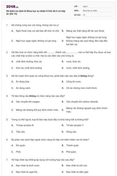 Đề kiểm tra định kì Khoa học tự nhiên 8 Chủ đề 6 có đáp án (Đề 15)