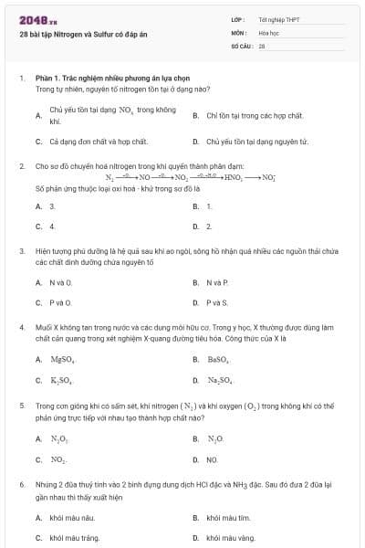 28 bài tập Nitrogen và Sulfur có đáp án
