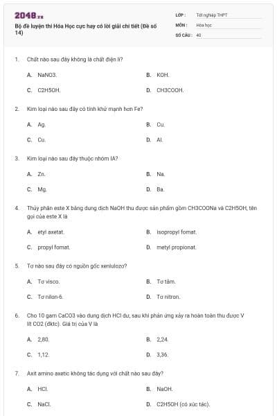Bộ đề luyện thi Hóa Học cực hay có lời giải chi tiết (Đề số 14)
