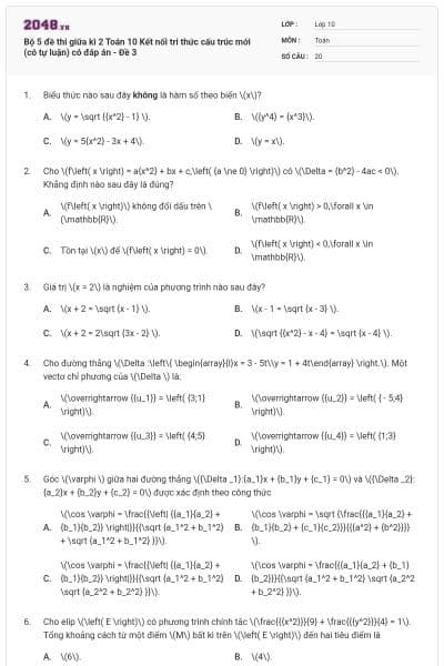 Bộ 5 đề thi giữa kì 2 Toán 10 Kết nối tri thức cấu trúc mới (có tự luận) có đáp án - Đề 3