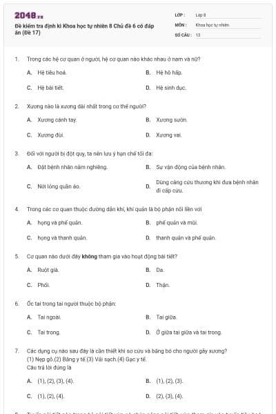 Đề kiểm tra định kì Khoa học tự nhiên 8 Chủ đề 6 có đáp án (Đề 17)