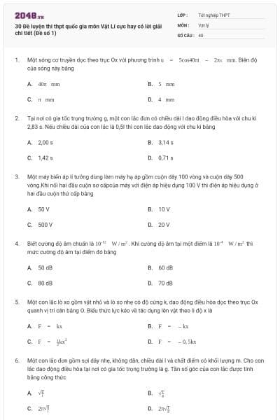 30 Đề luyện thi thpt quốc gia môn Vật Lí cực hay có lời giải chi tiết (Đề số 1)
