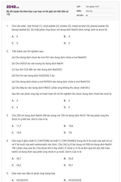 Bộ đề luyện thi Hóa Học cực hay có lời giải chi tiết (Đề số 15)