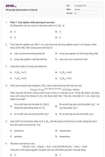 28 bài tập Hydrocarbon có đáp án