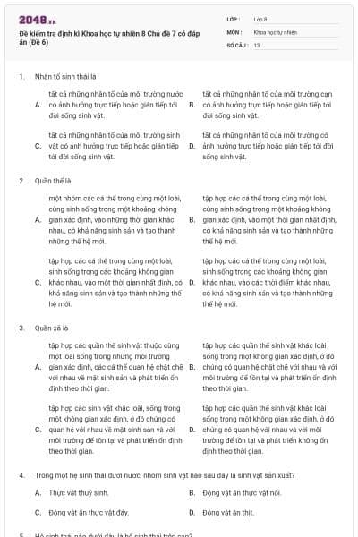 Đề kiểm tra định kì Khoa học tự nhiên 8 Chủ đề 7 có đáp án (Đề 6)