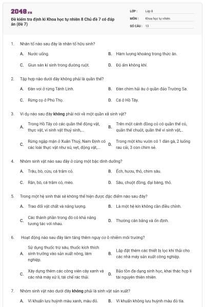 Đề kiểm tra định kì Khoa học tự nhiên 8 Chủ đề 7 có đáp án (Đề 7)