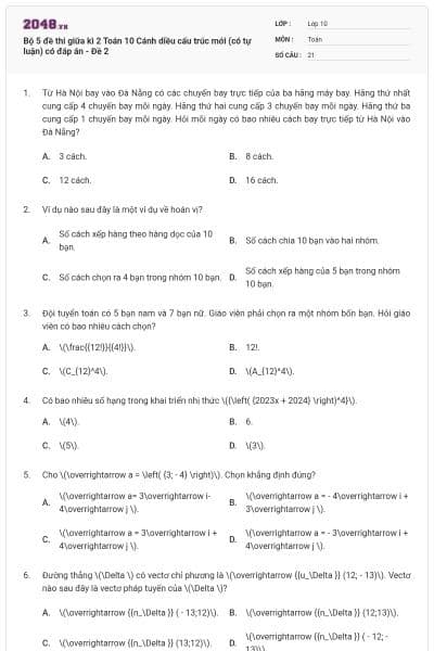 Bộ 5 đề thi giữa kì 2 Toán 10 Cánh diều cấu trúc mới (có tự luận) có đáp án - Đề 2