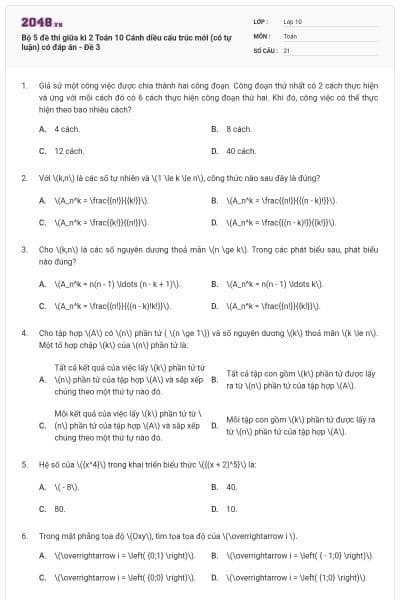 Bộ 5 đề thi giữa kì 2 Toán 10 Cánh diều cấu trúc mới (có tự luận) có đáp án - Đề 3
