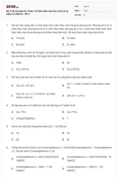 Bộ 5 đề thi giữa kì 2 Toán 10 Cánh diều cấu trúc mới (có tự luận) có đáp án - Đề 4
